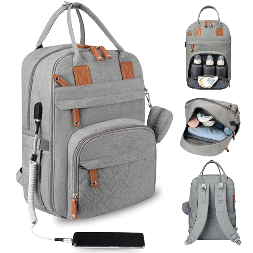 Generic Spacious Diaper Backpack – Stylish and functional baby diaper bag for moms and dads – multi-function waterproof bag with insulated pockets portable changing pad stroller straps (Grey)